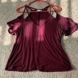 maroon short sleeve cut out on shoulders